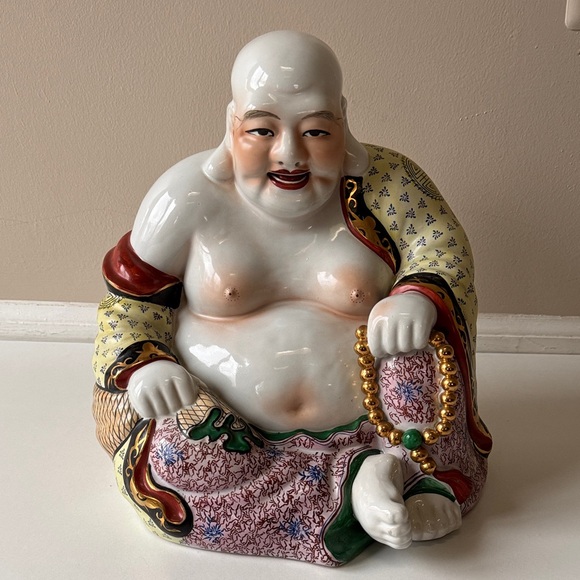 Other - Vintage Hand-Painted Porcelain Laughing Buddha Statue in White and Multicolor